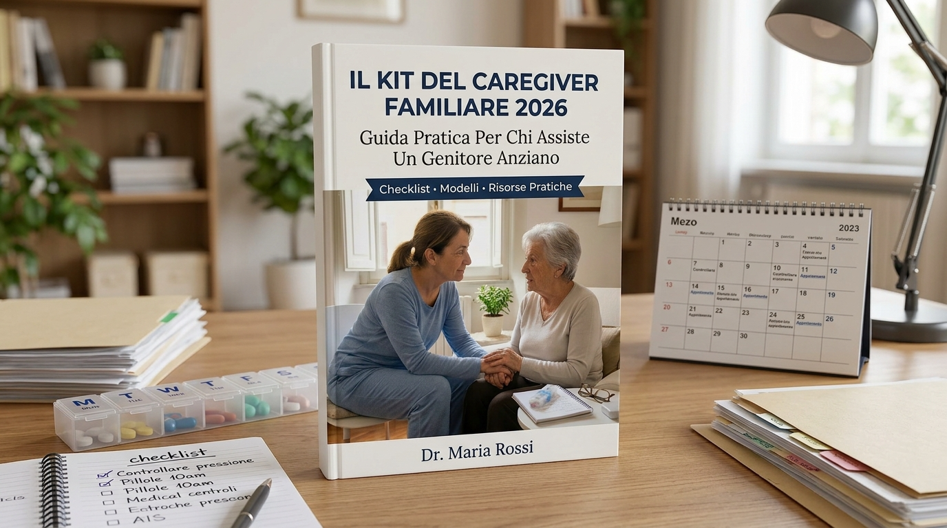 Mockup del Kit del Caregiver Familiare 2026 con calendario, farmaci e documenti organizzati